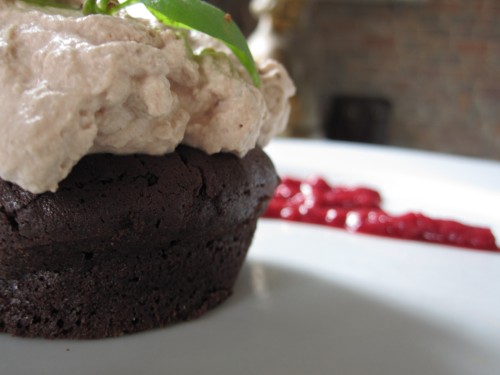 Chocolate Basil Tortelette with Raspberry Coulis